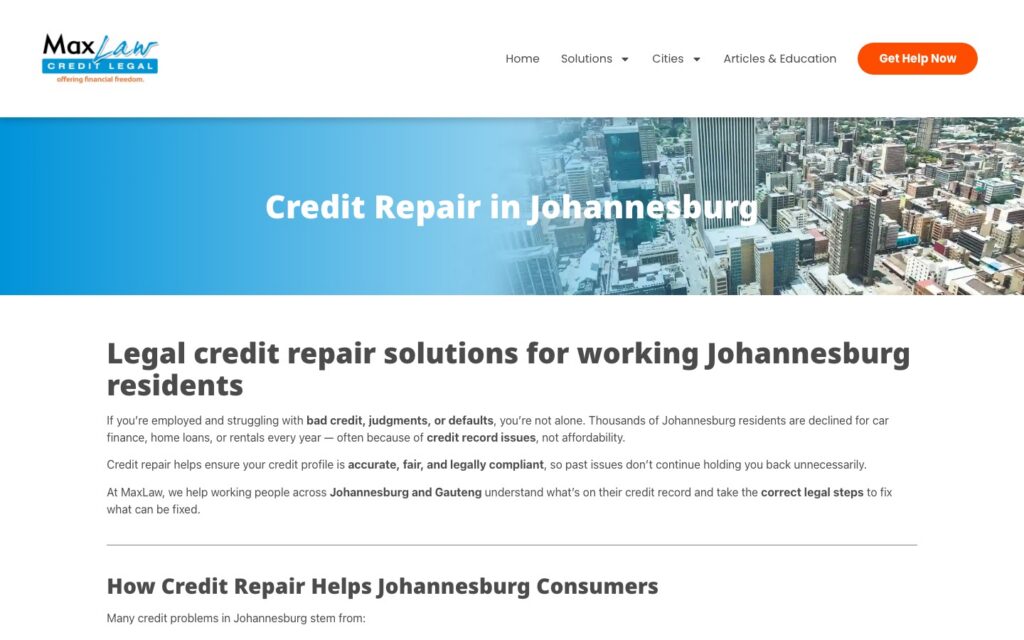 MaxLaw Credit Repair in Johannesburg local page