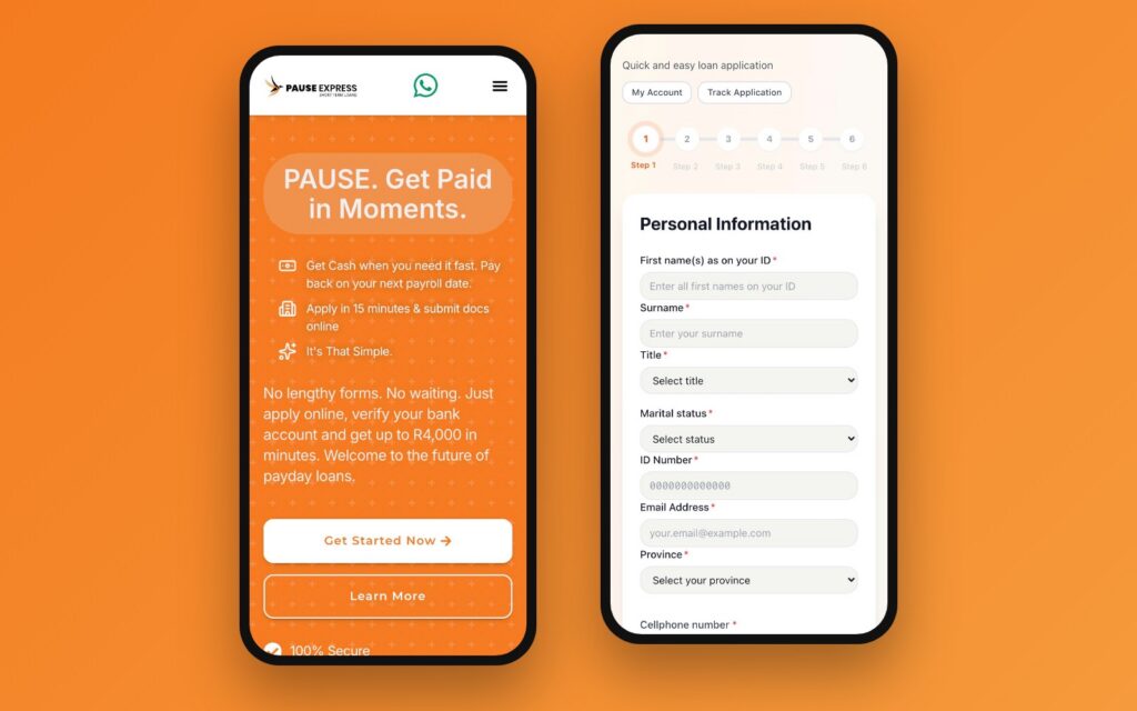 PauseExpress mobile website and onboarding