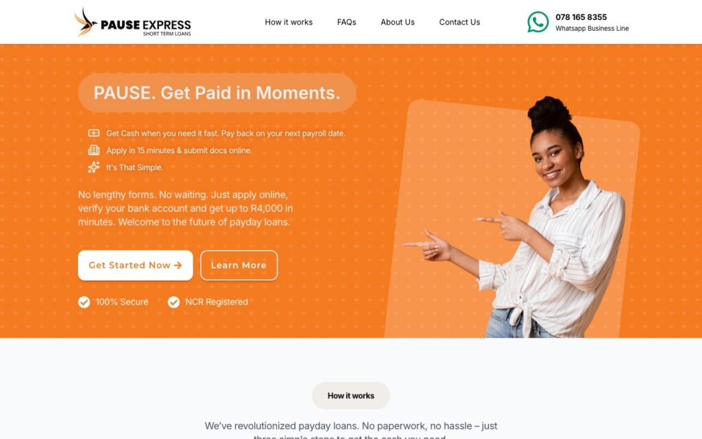 PauseExpress website homepage on desktop